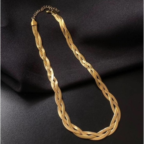 Braided Twisted Gold Plated Herringbone Snake Necklace Matching Bracelet Set - Picture 6 of 7